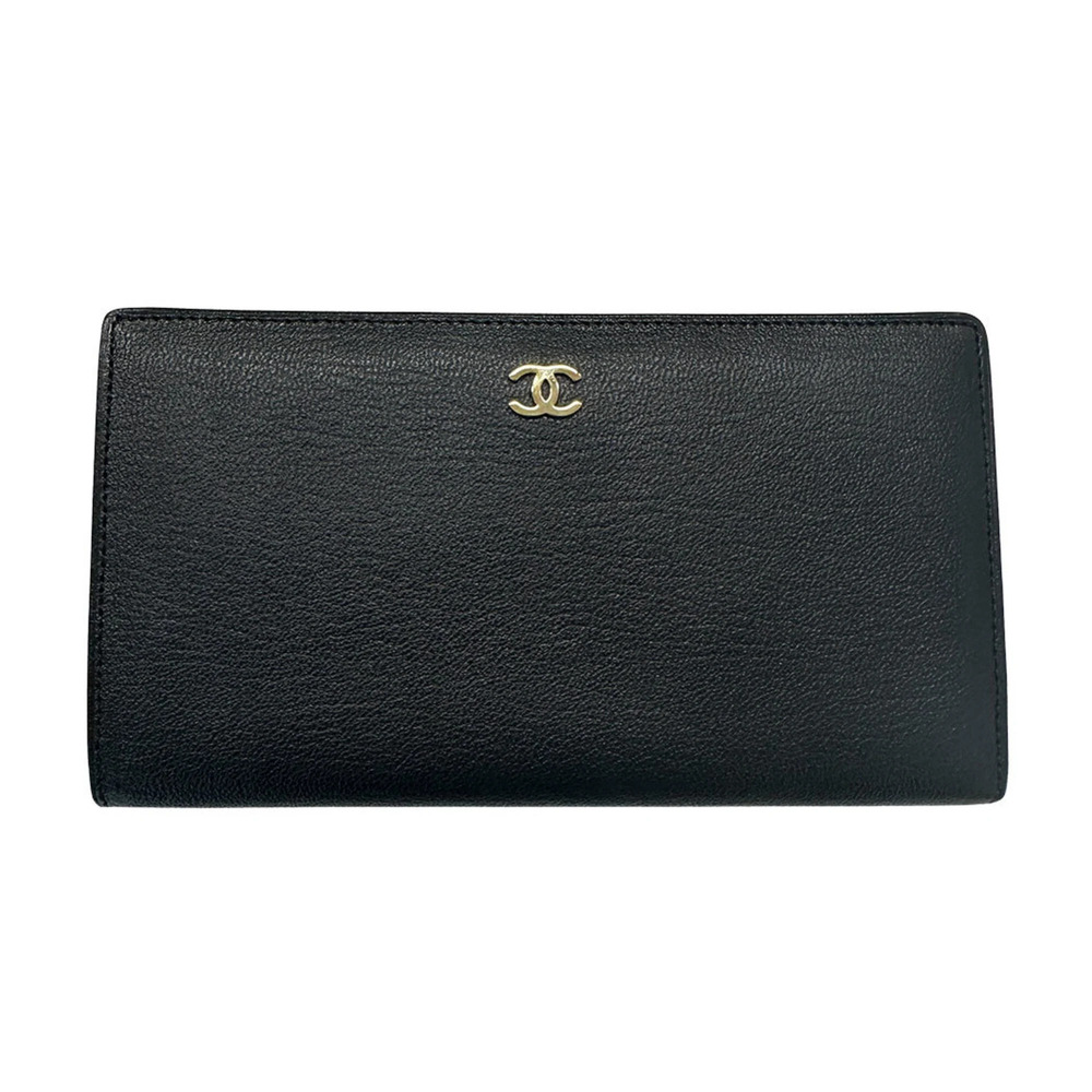Chanel CHANEL Women's Wallet, Brand Name Long Leather, Black, Gold Hardware